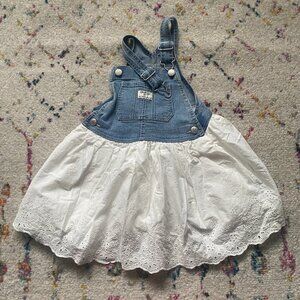 OshKosh Bgosh Jumper Dress Girls 5T White Blue Denim Eyelet Western Overall